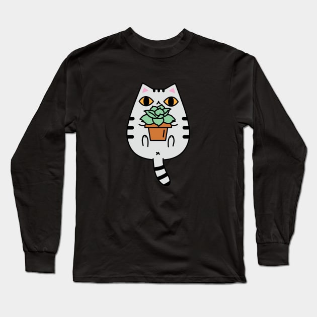 Gray Tabby Cat with Succulent Plant Long Sleeve T-Shirt by Noristudio